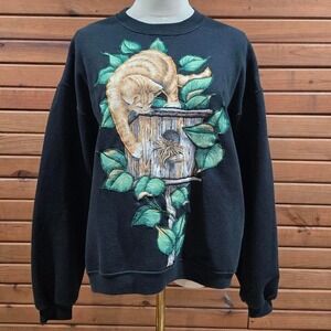 Vintage 90s Cat Embroidered Large Crewneck Sweatshirt Grannycore Cat Lady